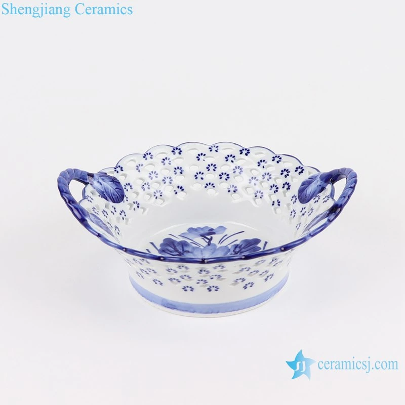 Ryfc28-L-M-S Blue and White Hollow Fruit Basket Three Piece Set Plate